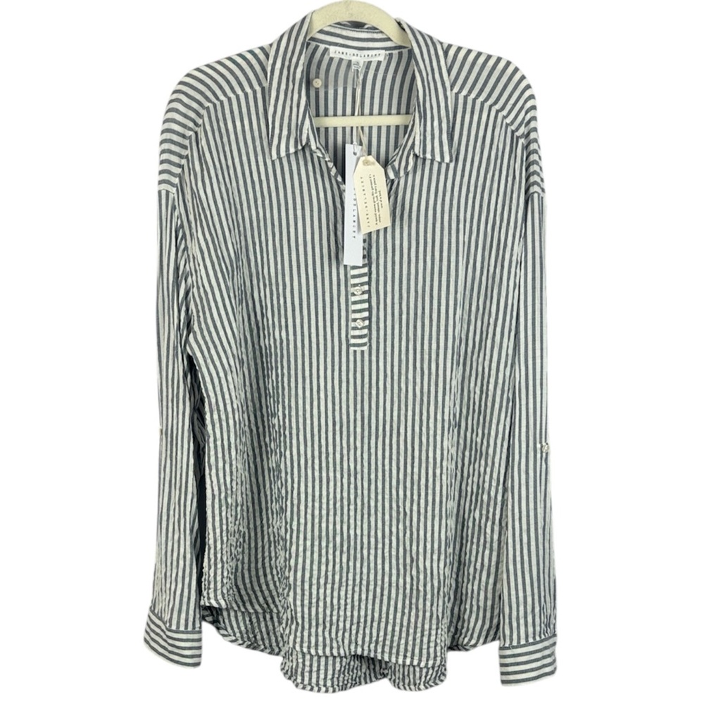 Jane + Delancey Striped Seersucker Henley Roll-Up Sleeve Top - XL